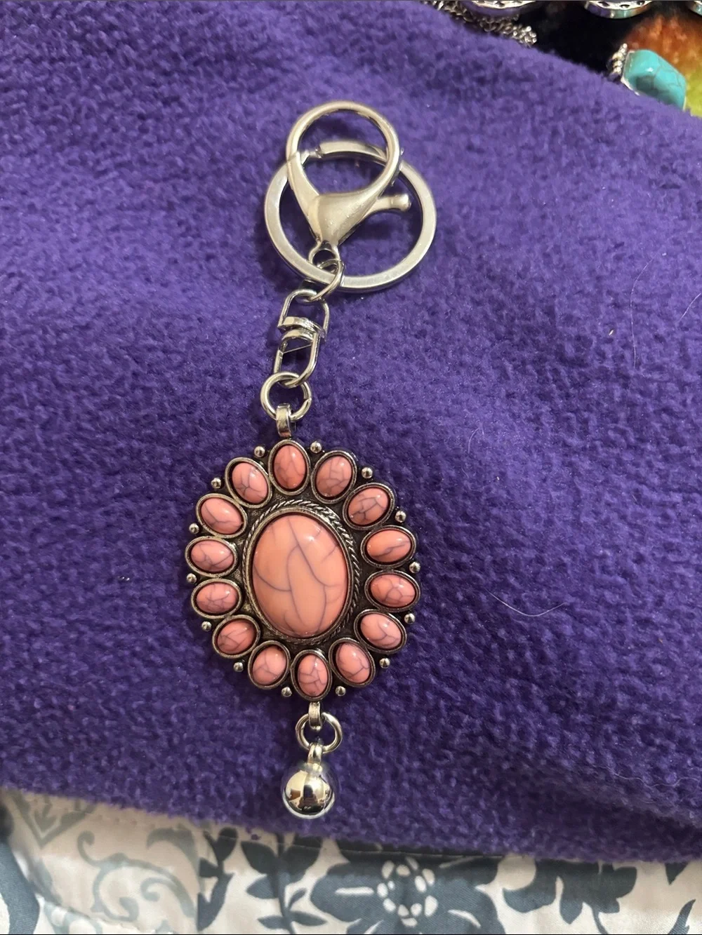 Pink Stone Floral Keychain with Silver Hardware